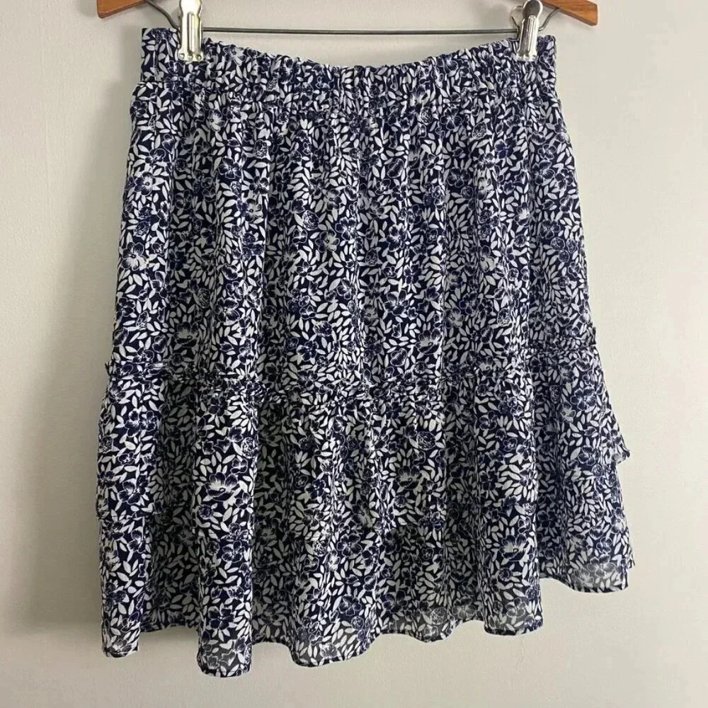 J. Crew Navy and White Floral Ruffle Mini Skirt